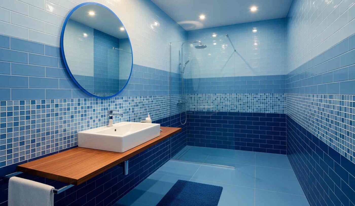 Bathroom with layered blue wall tiles, mosaic detail, and shower fixtures