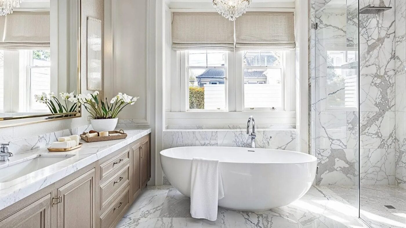 Luxury bathroom with marble tile, freestanding bath, vanity, and glass shower