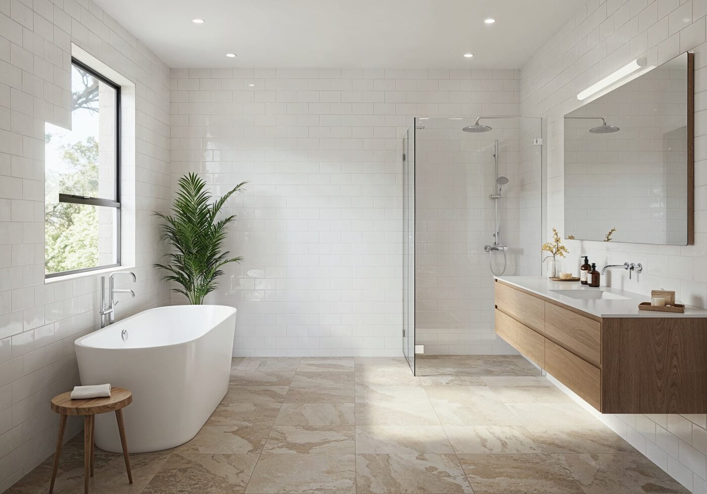 Bright white bathroom with clean wall tiles, bath, shower, and wooden vanity